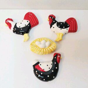 4 Black White Polk Dot Chickens Roosters Egg Nest Refrigerator Ceramic Magnets